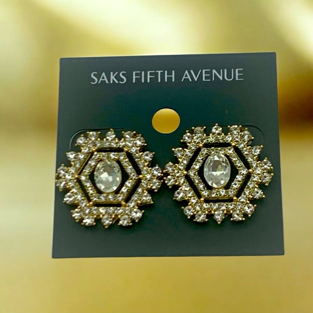Saks Fifth Avenue Gold Plated & Clear Crystal Octagon Costume Jewelry Earrings - Picture 3 of 4